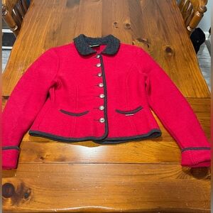 Geiger Collections Womens Red Grey‎ Wool Collared Button Up Pocket Blazer Jacket